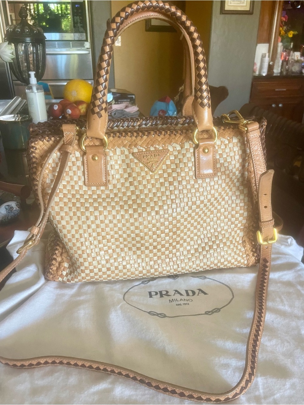 Prada Tan Woven Leather Satchel with Detachable Strap